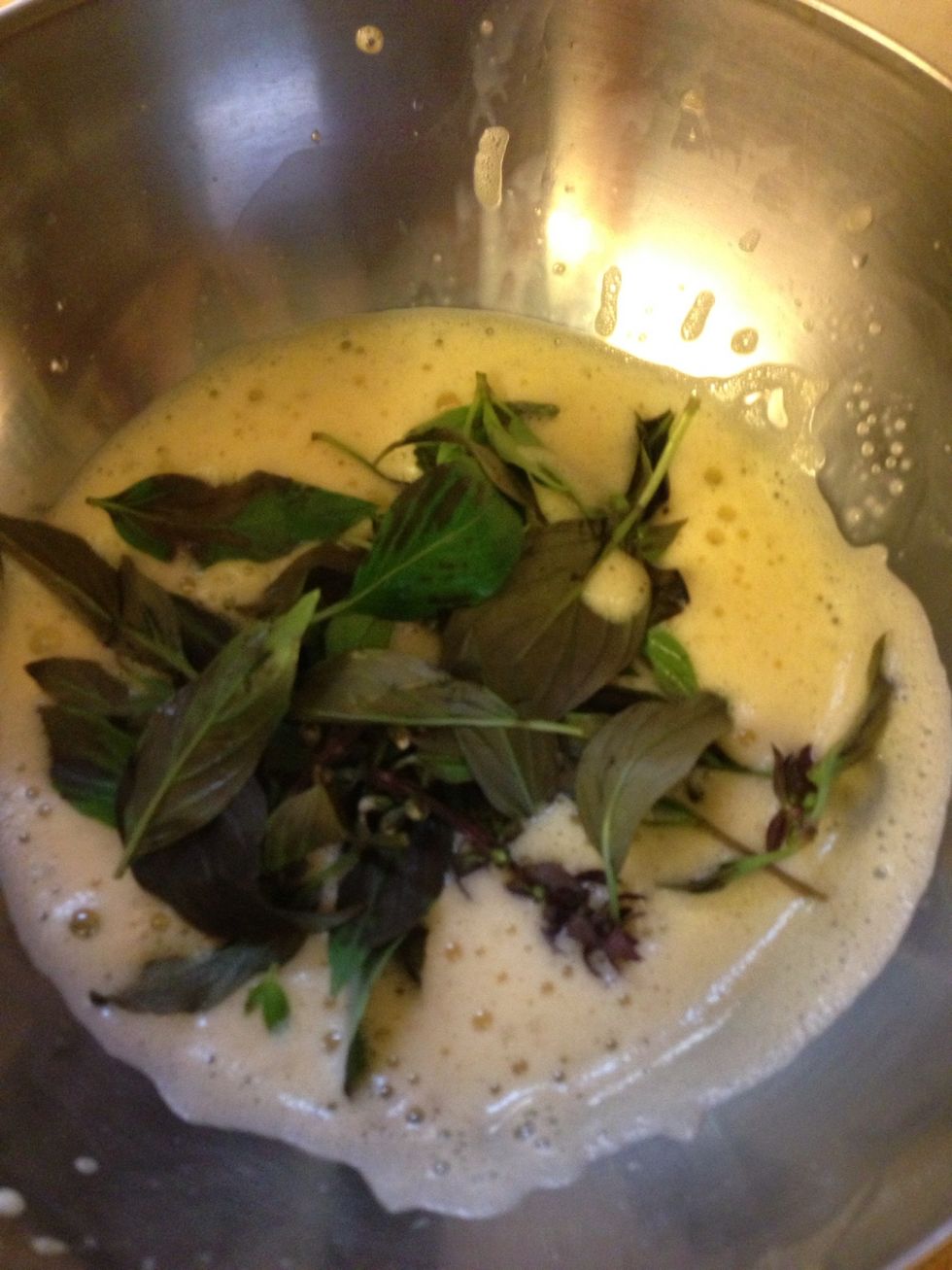 Dump the green in the beaten egg