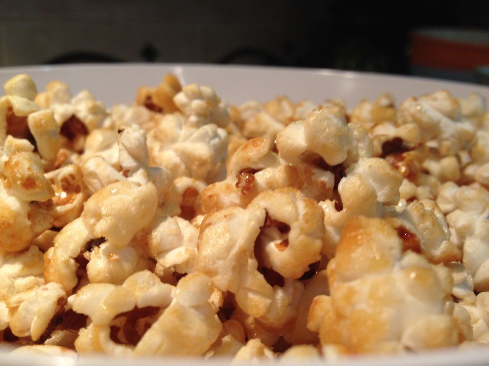 Dump the kettle corn into a large bowl. It tastes great both warm and cold!