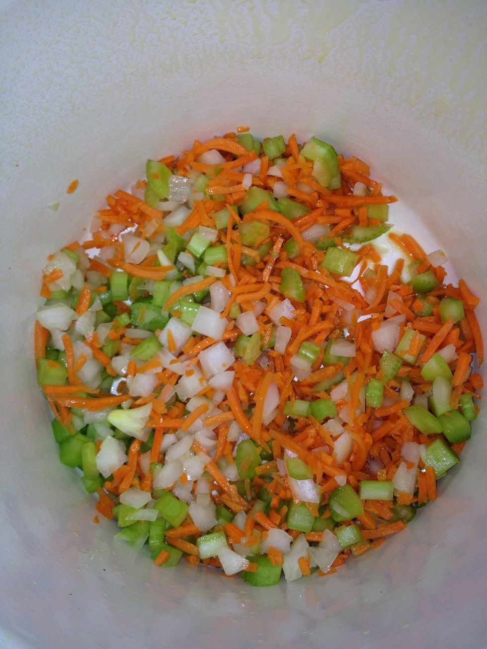 Dump the onions, carrots, and celery mixture and let heat until tender. Patience will be needed. It can take about 10-12 minutes.