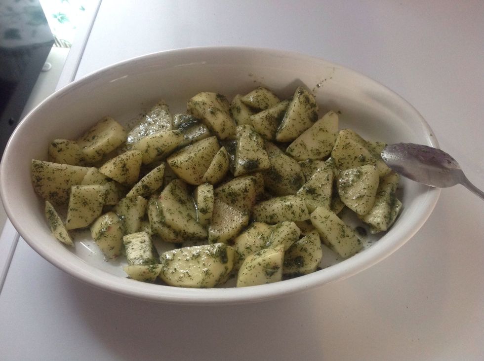 Dump the potatoes into the pan and spread them out a little bit (you don't need to).