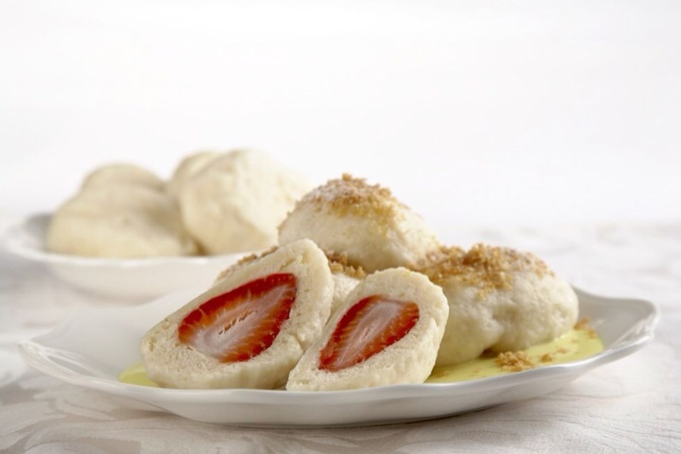 Dumplings in Czech Republic are filled with fruit, but not having the same type of flour, it's really hard to do here. Favourite fillings are: apricots, strawberries, blueberries...