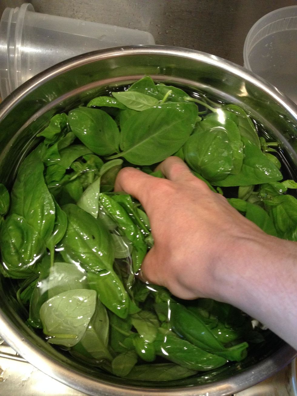 Dunk it a few times, lift it out, and put it in another bowl. The dirt will fall to the bottom. If your basil is really dirty (oh my) you'll have to do it a few times until the water runs clear.