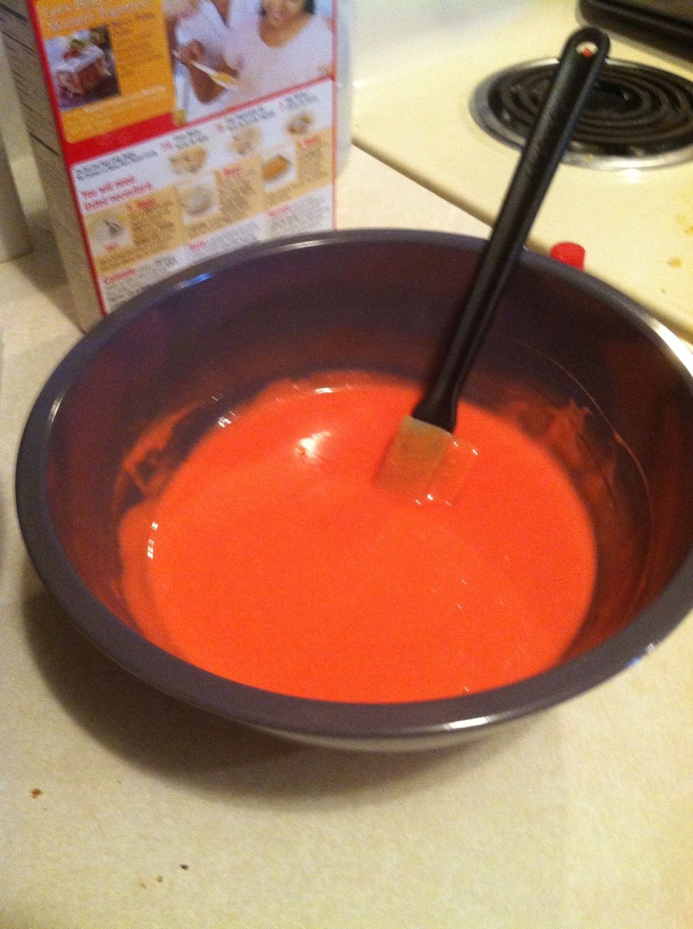 Dye the batter in the small bowl red. Make it as dark as you can. Our flag is not PINK, white, and blue! ;-)