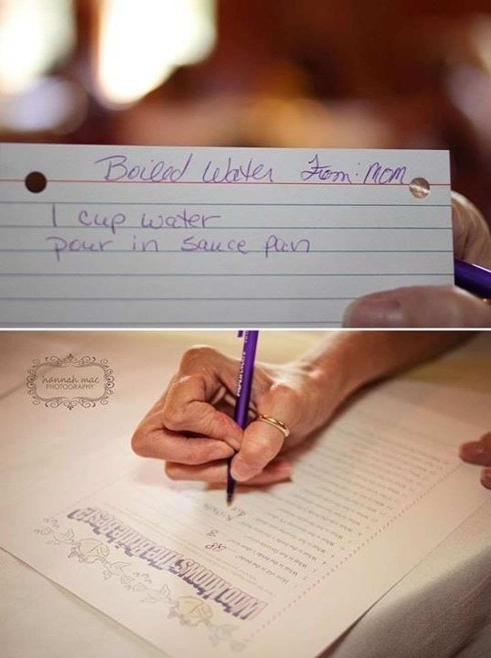 Each guest was given a recipe card and asked to write a favorite recipe so the groom can eat after they are married.