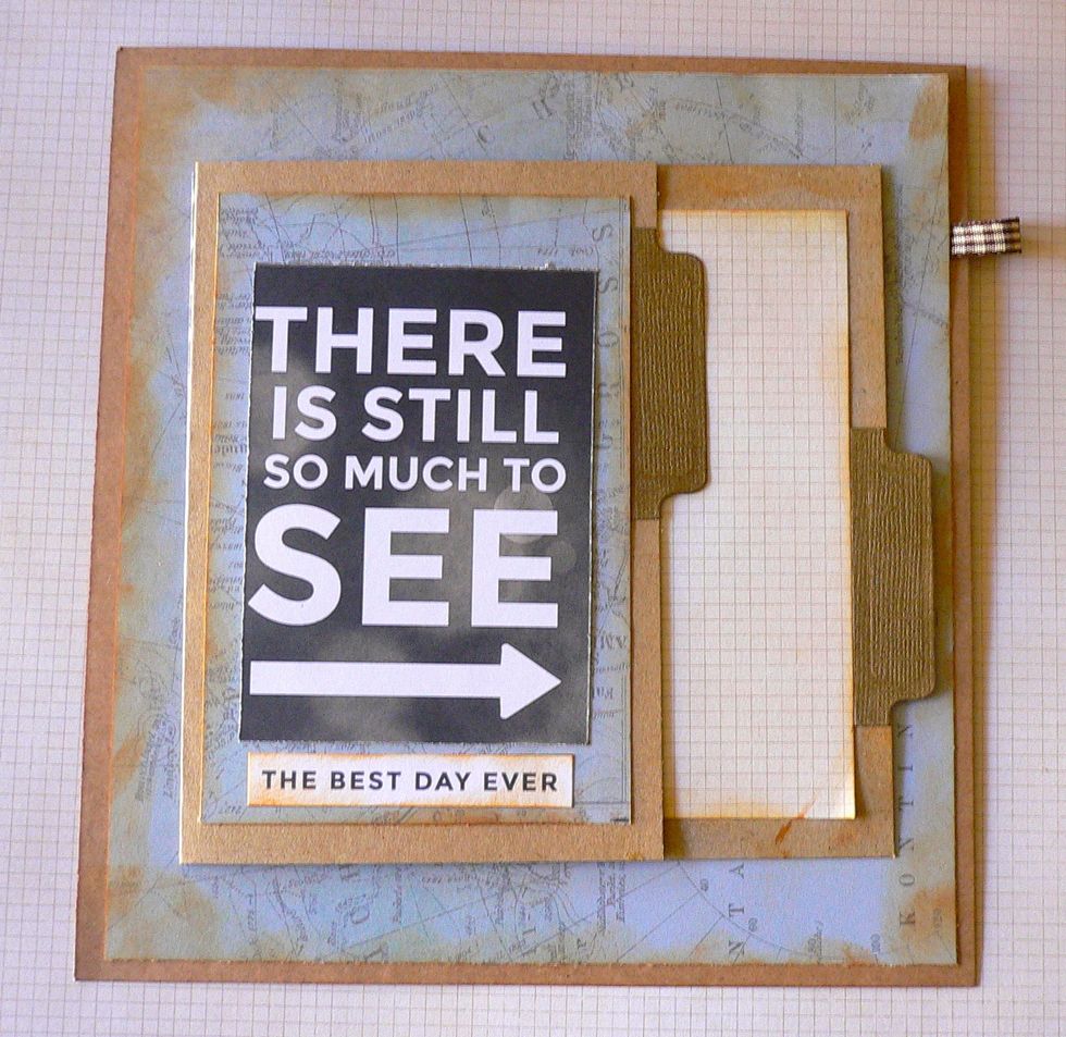 Each insert is created with card stock, covered with "Just Landed" papers. Another square card stock is folded and cut with tabs (flaps) to turn them over.