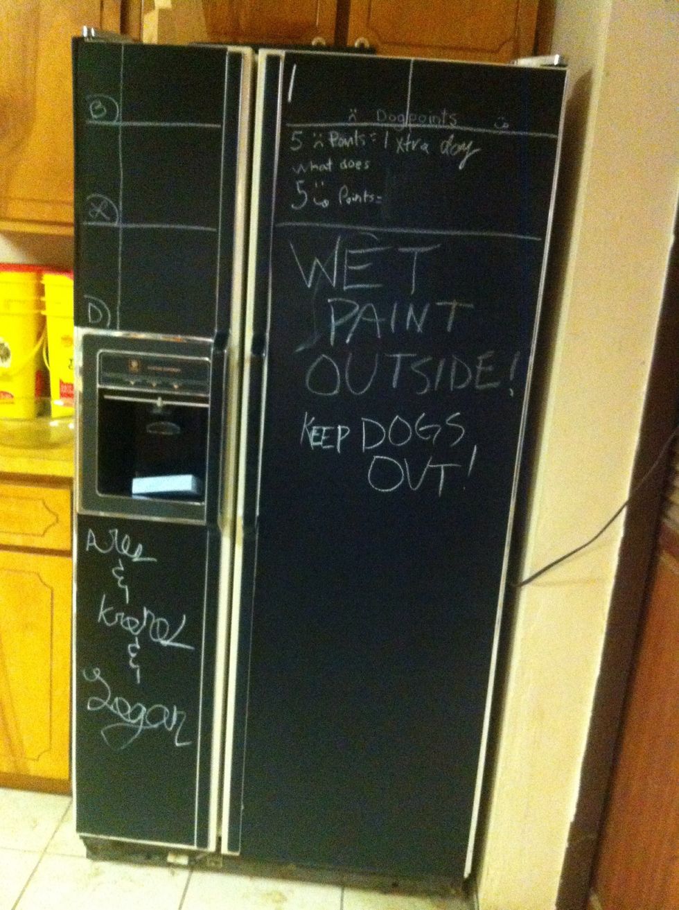 Easy . Measure chalkboard to fit fridge . Walmart carries this.Cut and apply to fridge! (Hobby lobby sells a super pack of chalk) $ inexpensive.