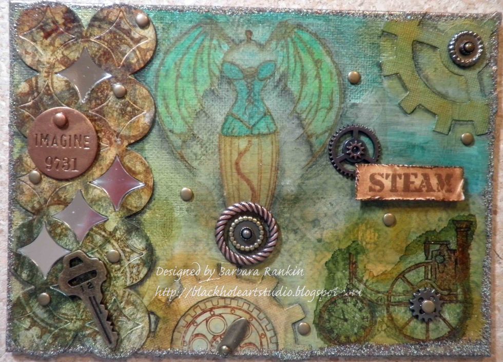 Edge canvas with clear embossing powder and heat emboss with Judi-Kins Rusty Bronze Patina embossing powder.