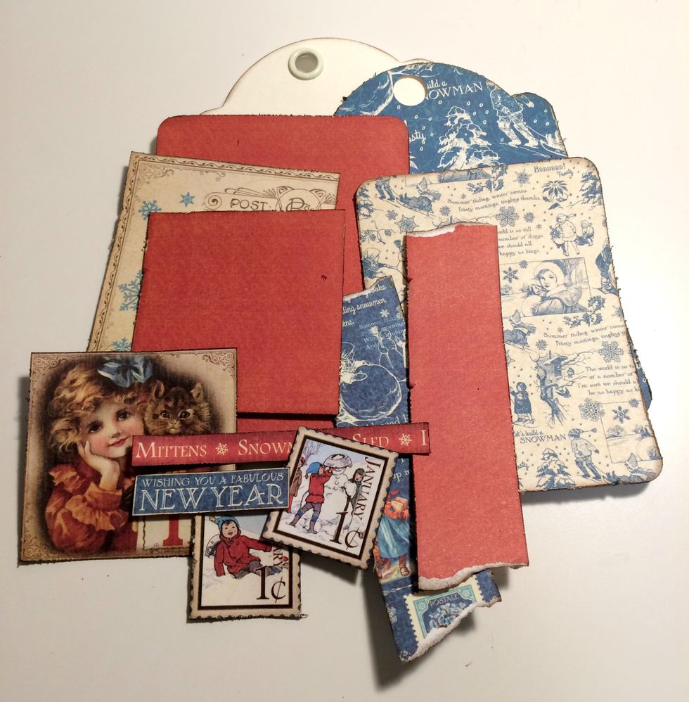 Edge distress all of the edges of the patterned papers and cut aparts. Once the edges have been distressed, ink the edges using Walnut Stain Distress Ink and a blending tool.