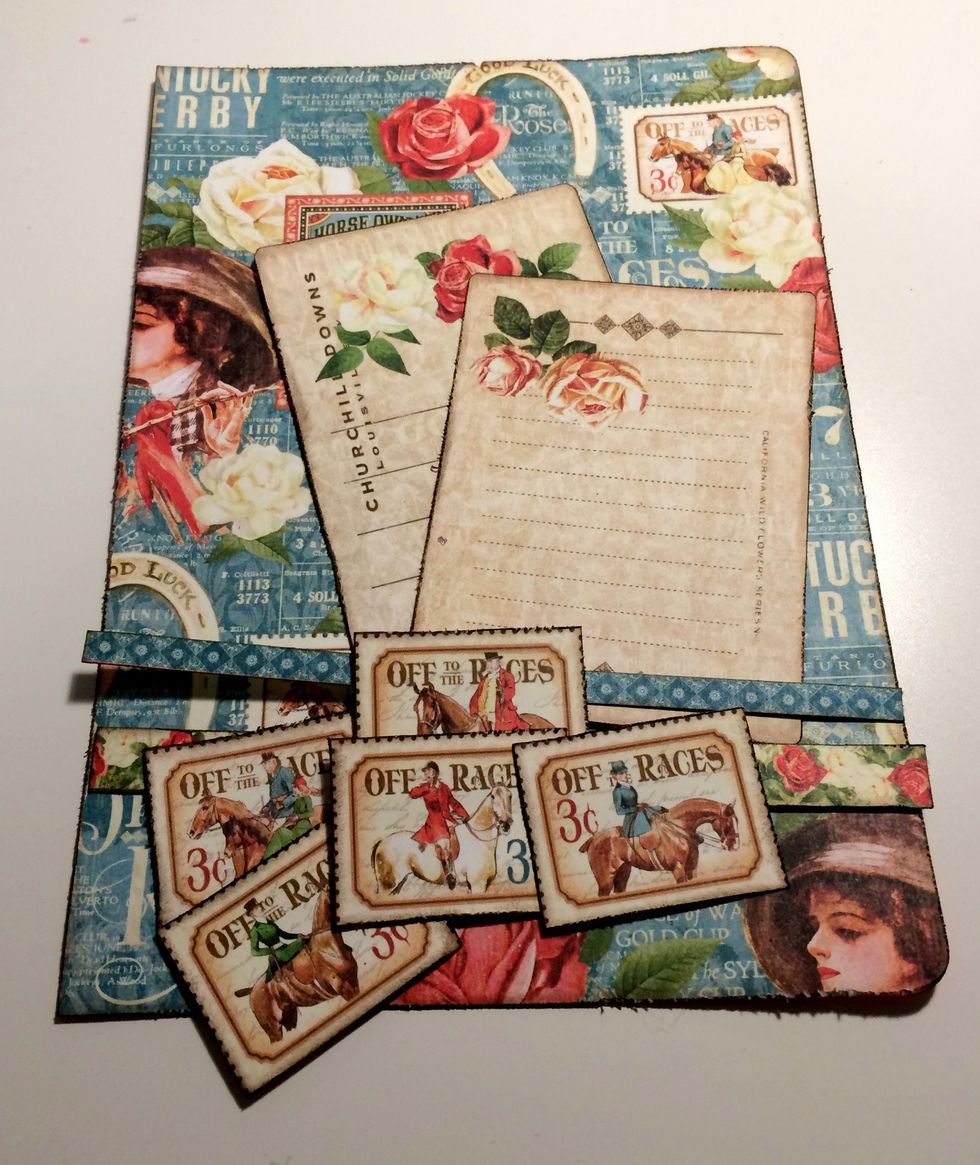 Edge distress and ink the edges of the patterned paper, stamps, journal cards and borders using a blending tool and Walnut Stain Distress Ink.