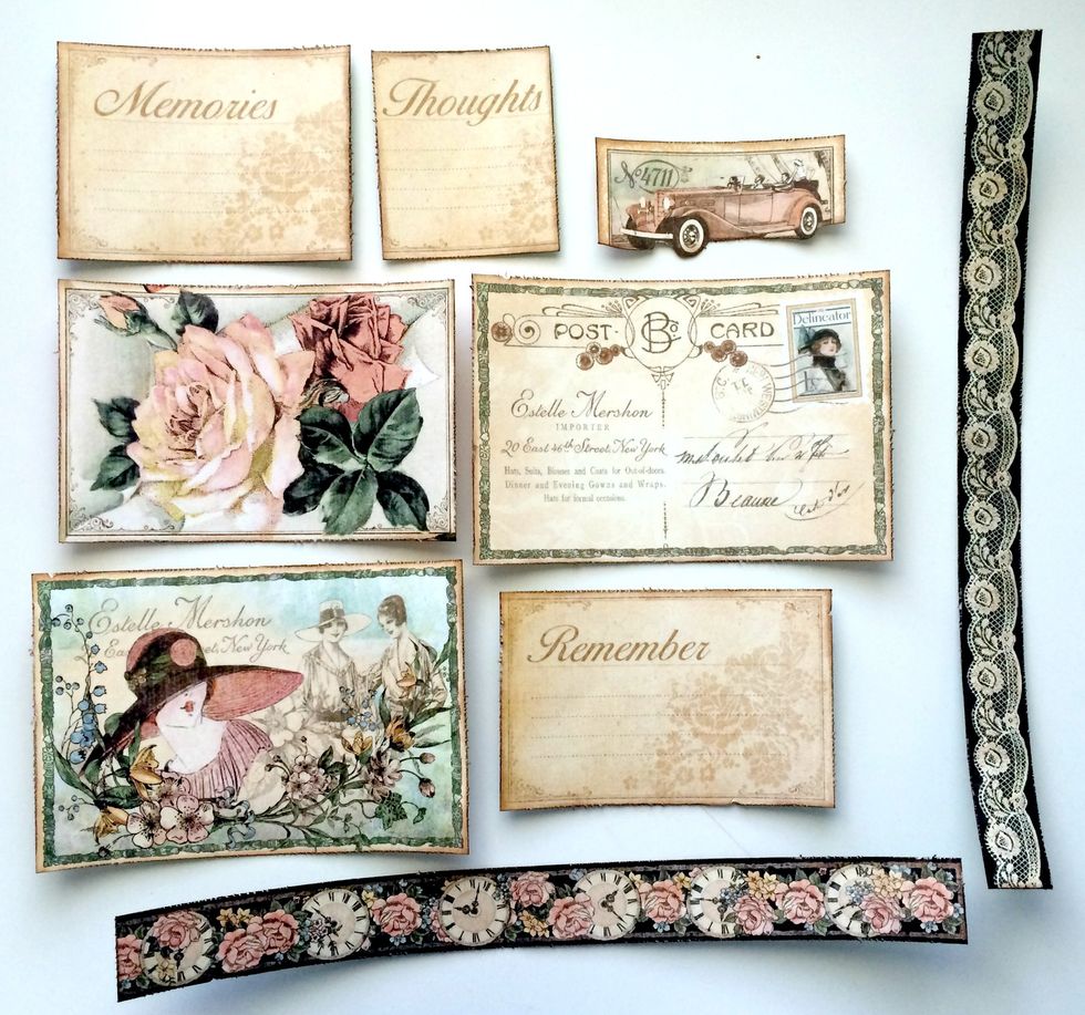 Edges distress the postcards, the word cards, car and borders. Once the pieces are edge distressed, ink all edges of the cutouts using Vintage Photo Distress Ink.