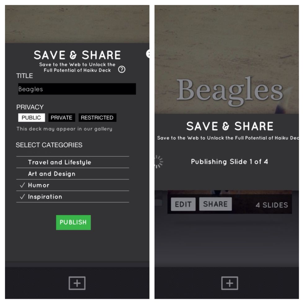 Edit your title if you wish, choose a category & type of publish - public or private. You will need an account to publish. I have both a personal account and one for my classroom, so kids can publish.