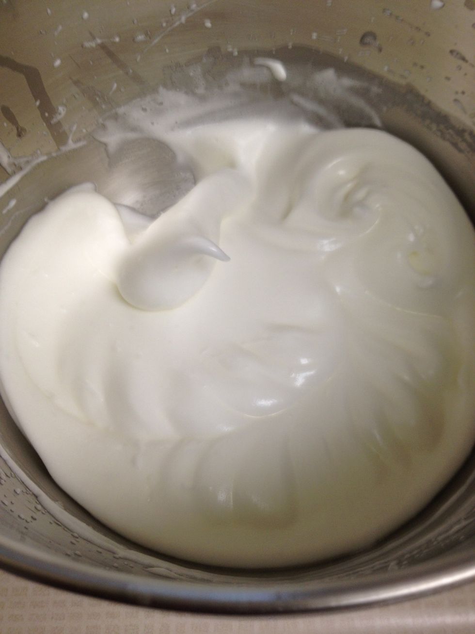 Egg whites should be stiff and slightly glossy! Something like this :) Transfer to another bowl and set aside.