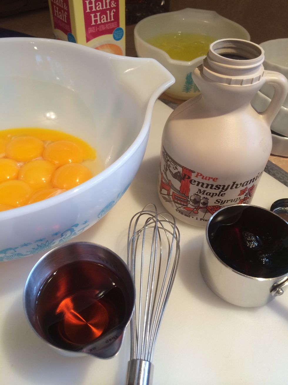 Eggs, maple syrup and bourbon are ready.