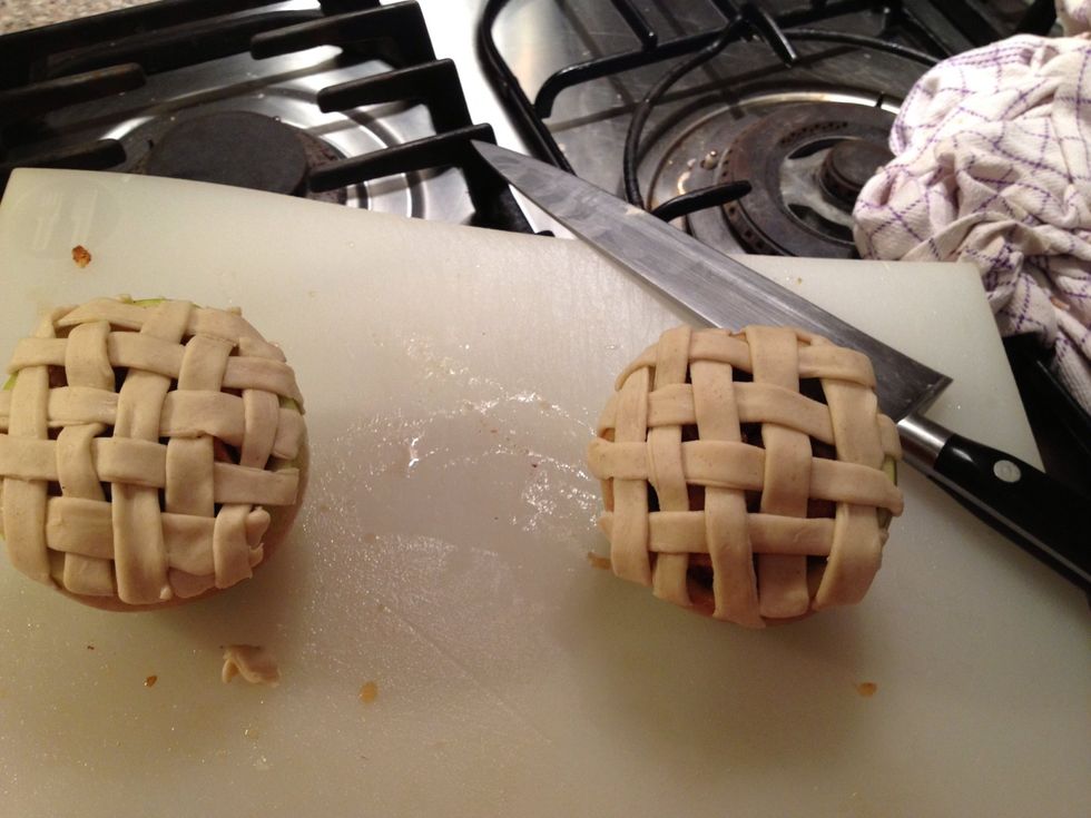Either braid your pie dough over the filled apples or just cut a piece of dough to cover and make some holes to let the steam out.