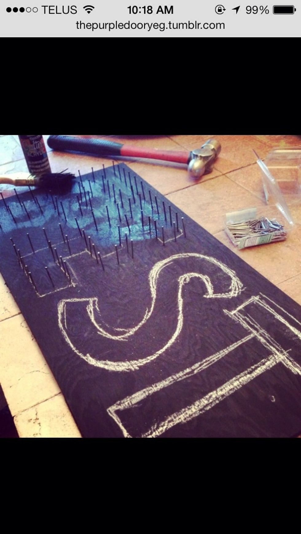 Either leave the wooden board in its natural state or paint it. After its dried, draw a design on the board using chalk. Hammer in nails along the outline of the design spacing them 1-2 inches apart.