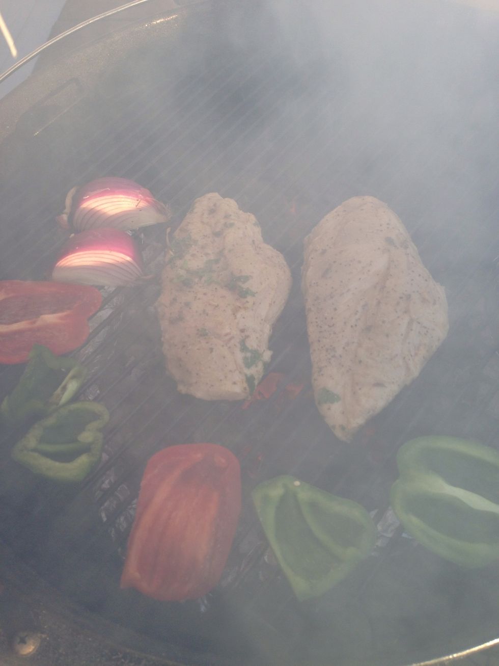 Either spray the grates or rub with an old (clean) cloth soaked in canola oil then put the food on the grill. Oh, and that's not a bad picture - it's wonderful smoky goodness hugging the food!