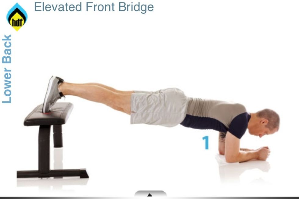Elevated bridge: 1-Raise your body off the floor, resting on your forearms and toes, with toes on a bench, bed or couch. Maintain your body in a straight line keeping back and legs flat. Hold!