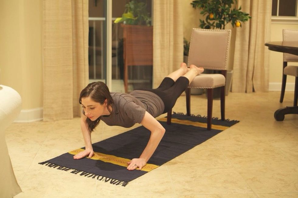 Elevated Push-Ups: These are great for the arms, shoulders, and back. Get into push-up position and place your feet on a chair. Complete as many push-ups as you can in 30 seconds.