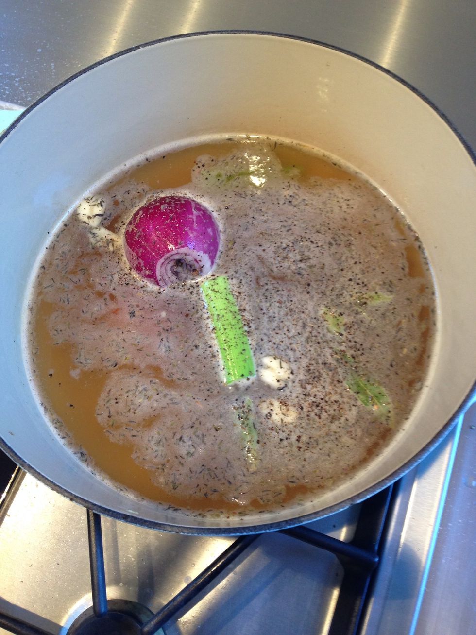 Enhance the stock with a bouquet garni (use string to tie thyme, laurel to a carrot) and add an onion, a little celery, leek.
