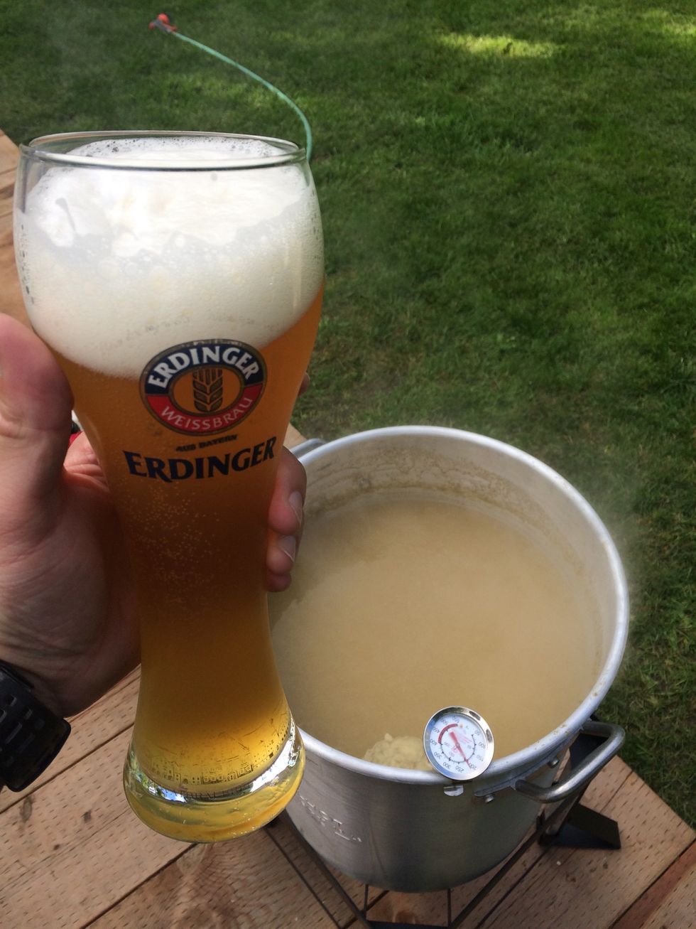 Enjoy a good wheat beer while you wait for your boil to reach the 55 minute mark!