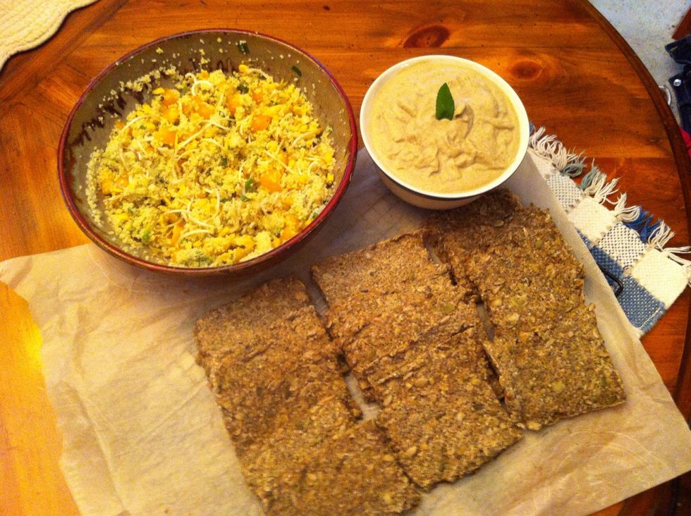 Enjoy with your selected sides or with chips as a veggie dip...This pic is with a couscous salad with lots of raw veggies and my wife's pumpkin seed, sunflower seed and chia gluten free bread. EnJoY!
