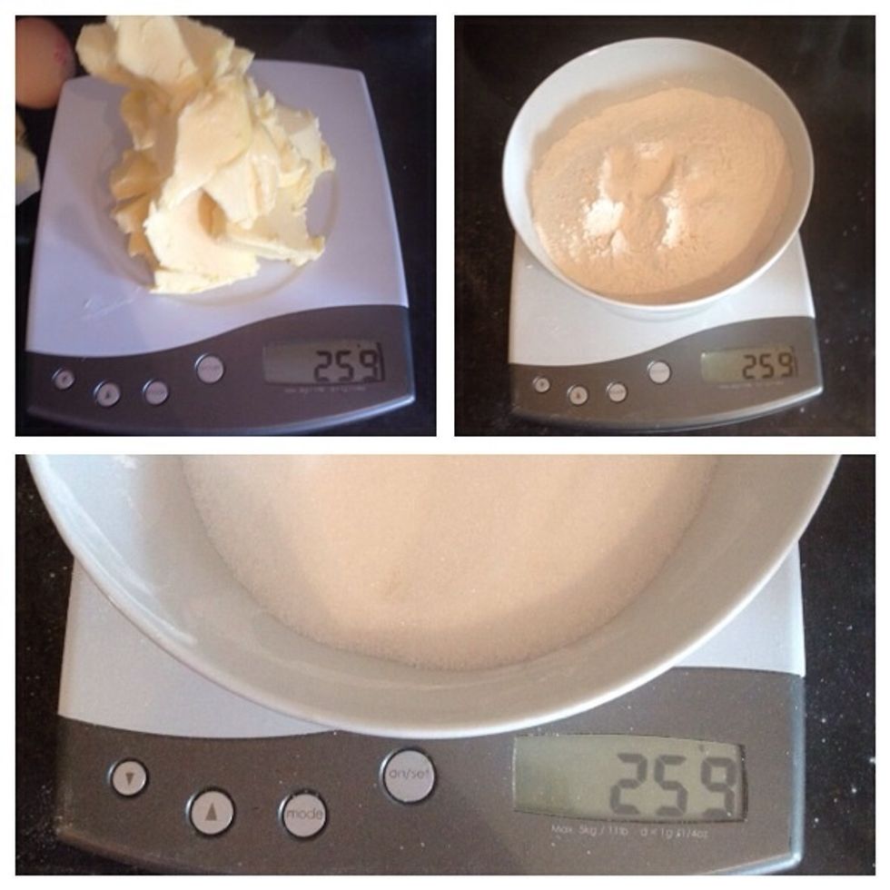 Ensure the eggs, flour, sugar and butter are the same weight.