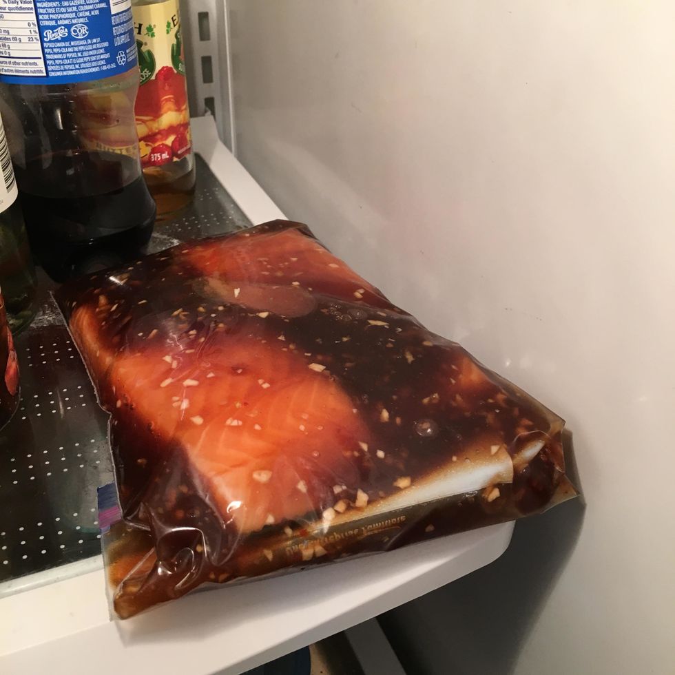 Ensure the sauce is covering the salmon entirely then refrigerate for 1 hour