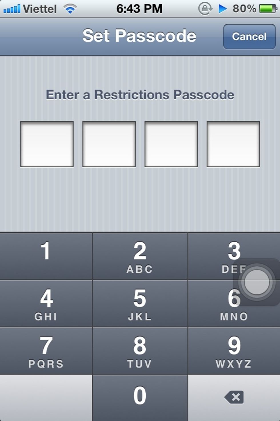 Enter a new 4-digit restriction passcode. Don't forget it!