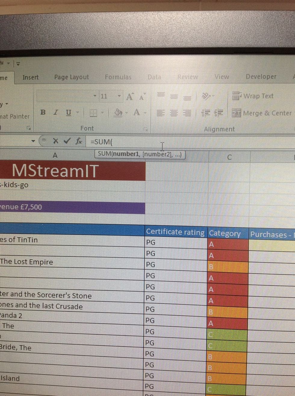 Enter equals then sum to allow excel to know that you want to add up cells, then use an open bracket before entering the selected cells.