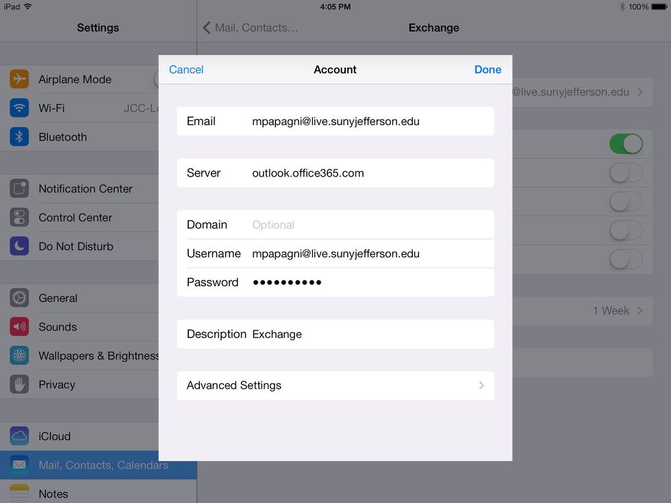 Enter in your email address and the correct server information.
