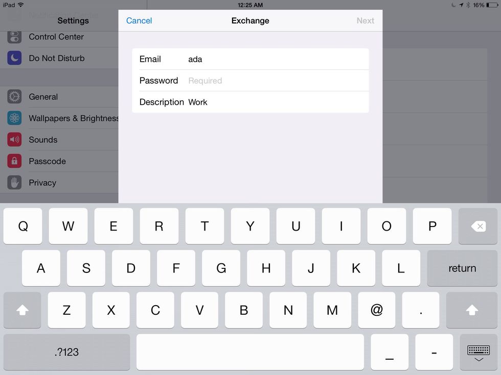 Enter in your login information. The description can be changed from the default "Exchange". Notice it is "Work" in the example.