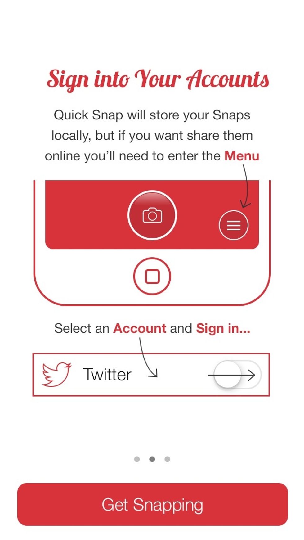 Enter the menu by tapping on the bottom-right. Here you can sign into the services you'd like to share you photos with.