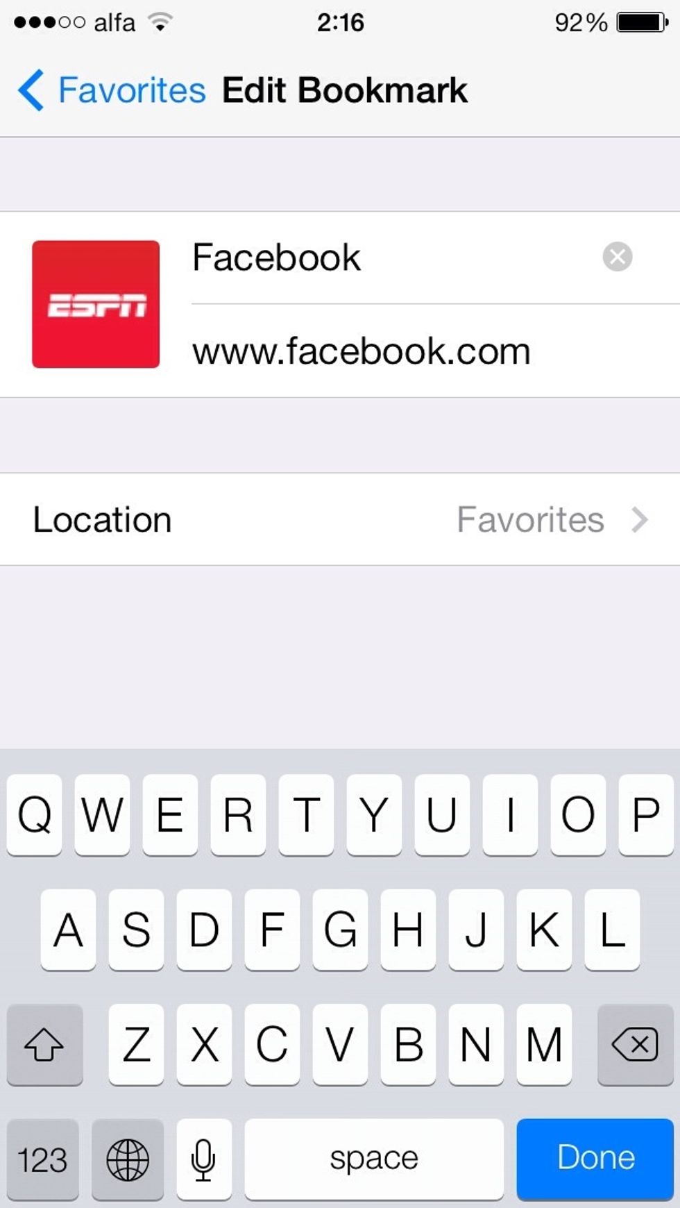 Enter the new name of site and the link ex: www.facebook.com and choose done