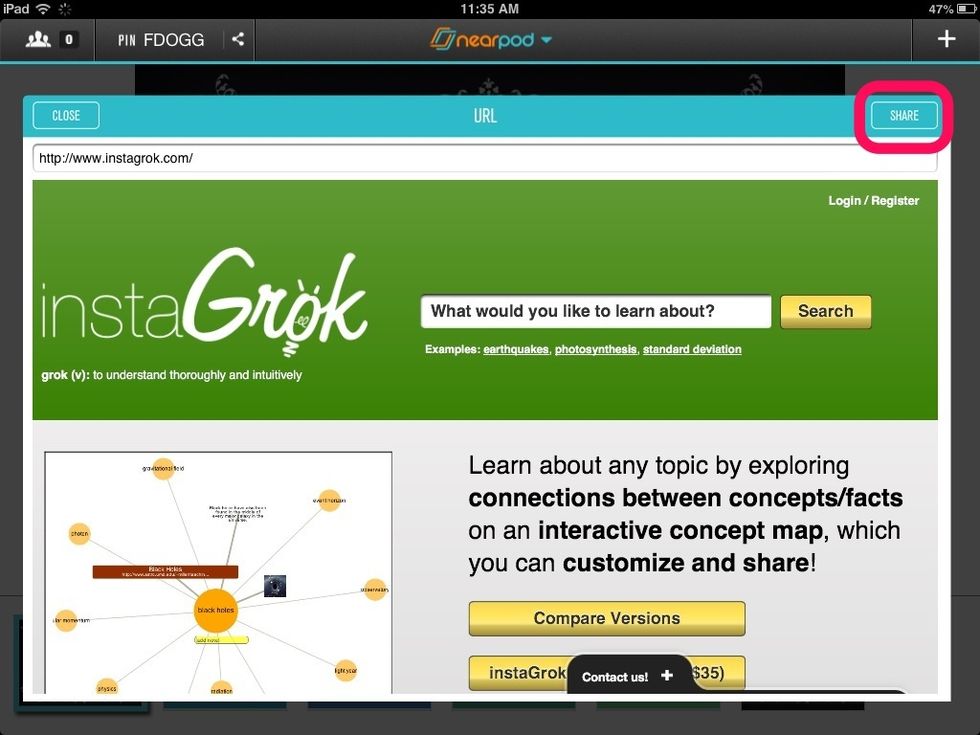 Enter the website in the address bar. Once the website displays, click the Share button.