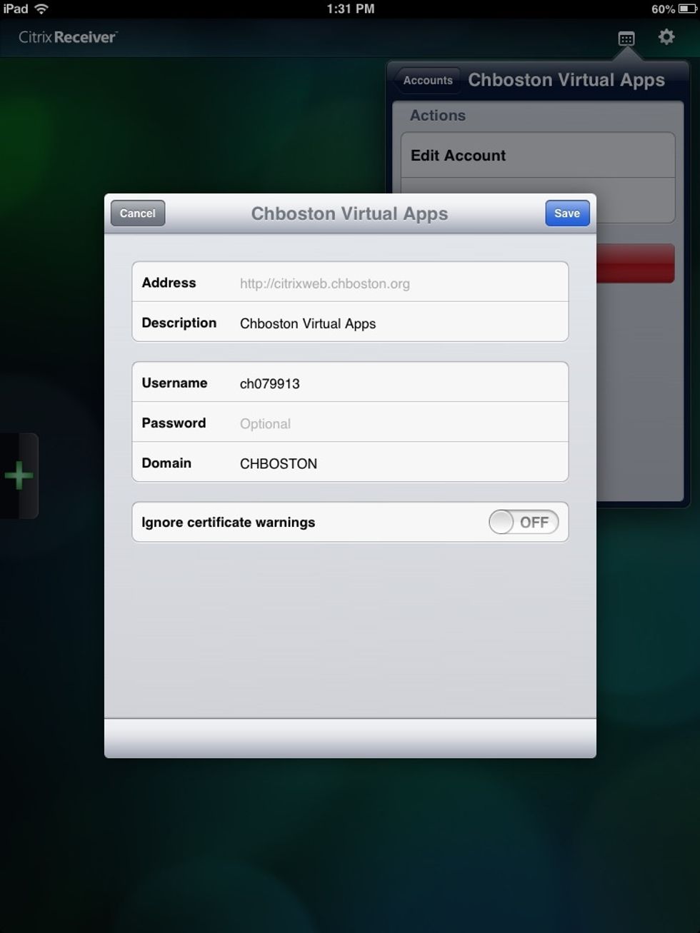 Enter your BCH credentials and address as shown above (your personal user name and passwor should replace the sample above). Once everything has been entered, press SAVE.