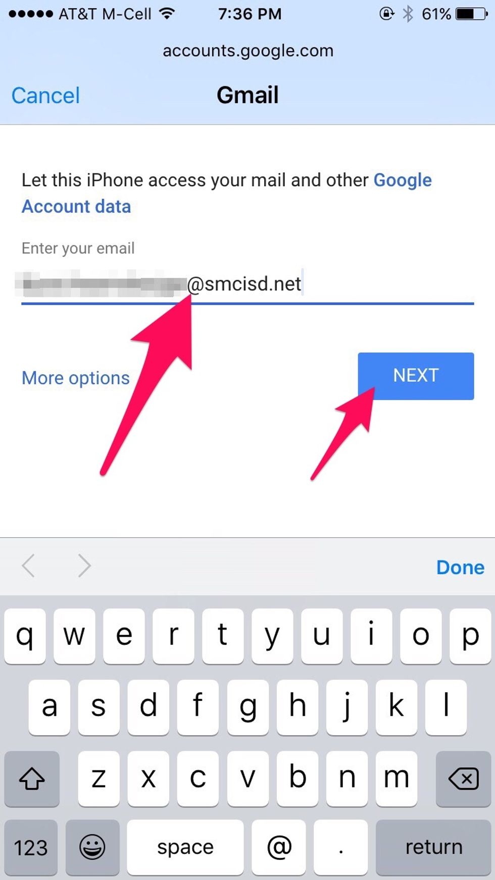 Enter your complete school email address. Select "Next."