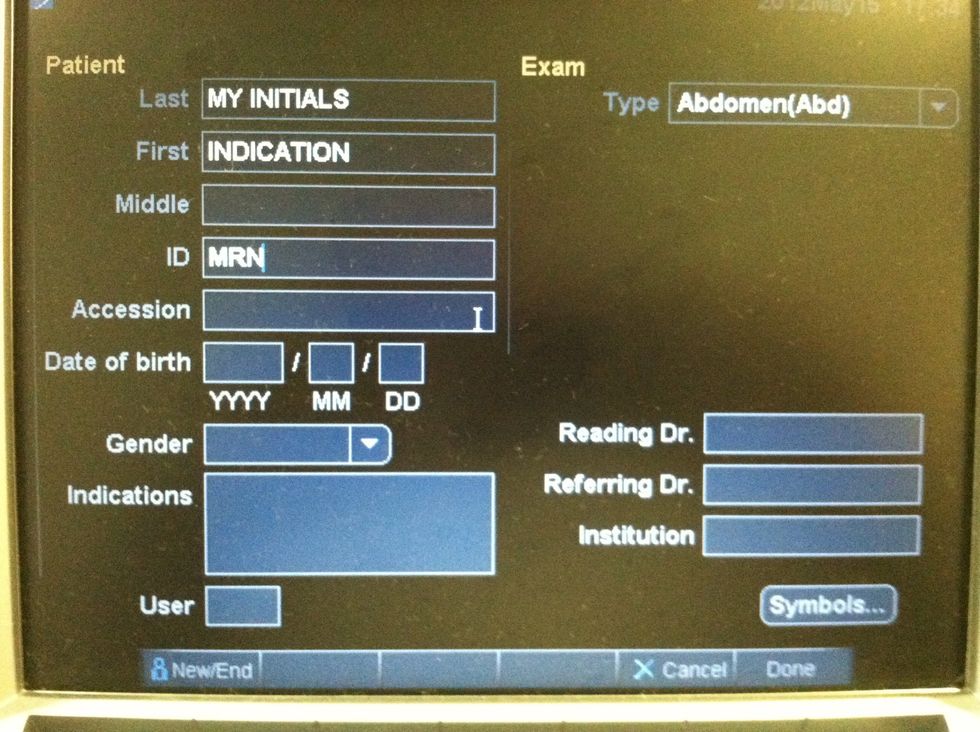 Enter your IBEX initials under last name, the indication under first name and the MRN under ID.