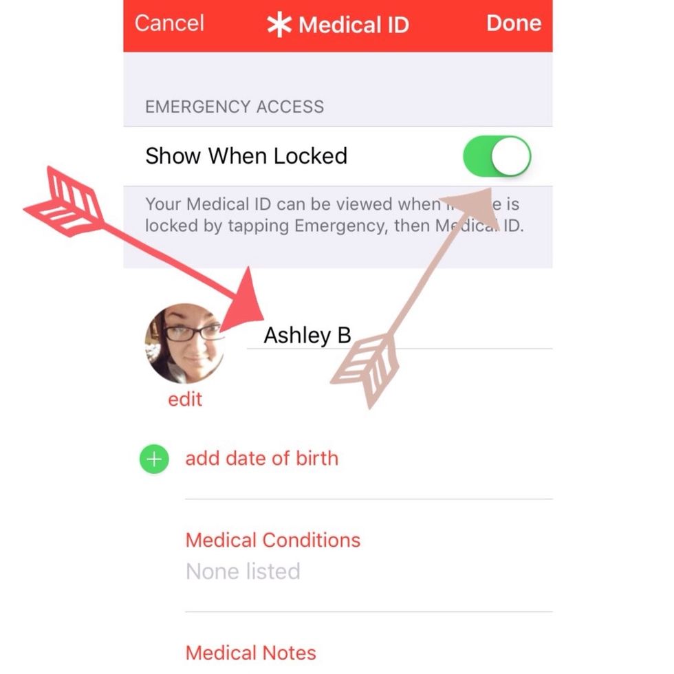 Enter your info. Include things medical professionals would need to know if you were unable to communicate with them for some reason. Make sure lock-screen display is enabled!