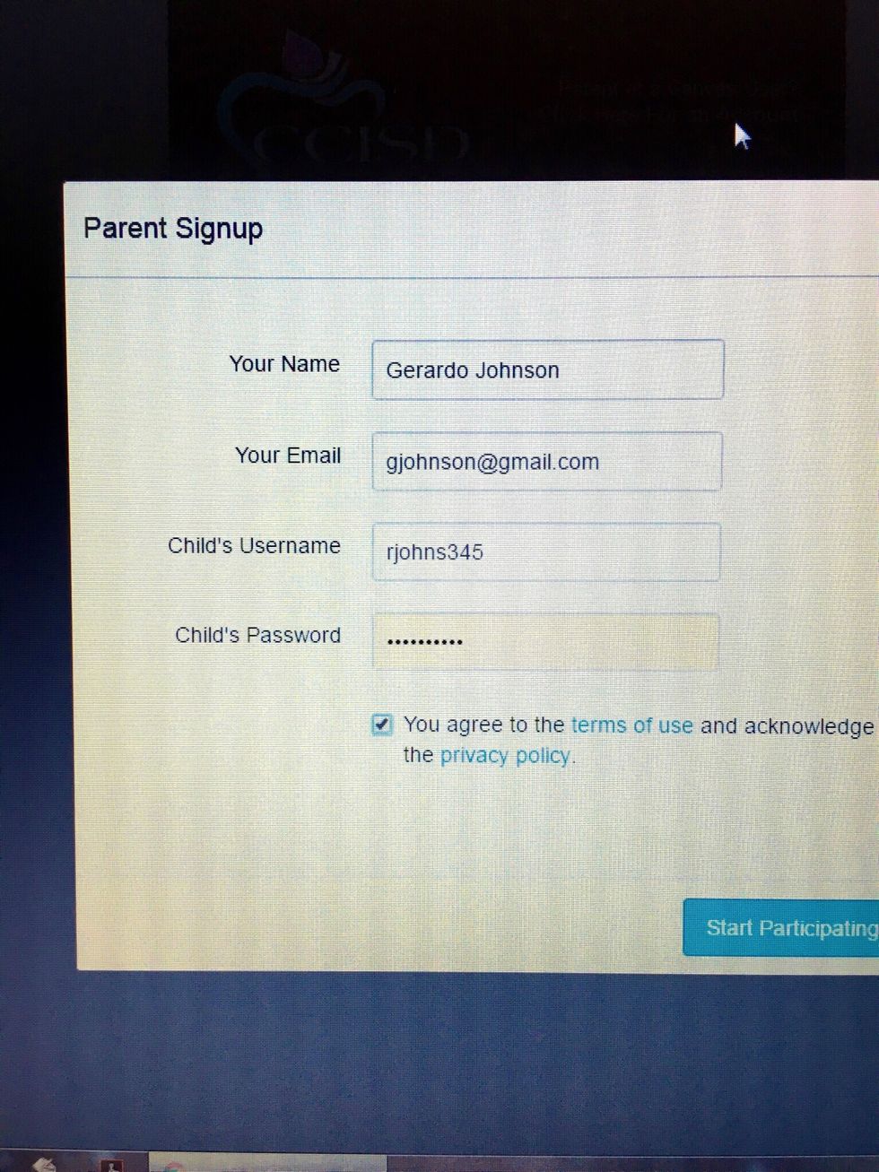 Enter your name (parent name), your full email addresses, and have your child enter his/her username and password. Be sure to check the box agreeing to the privacy policy.