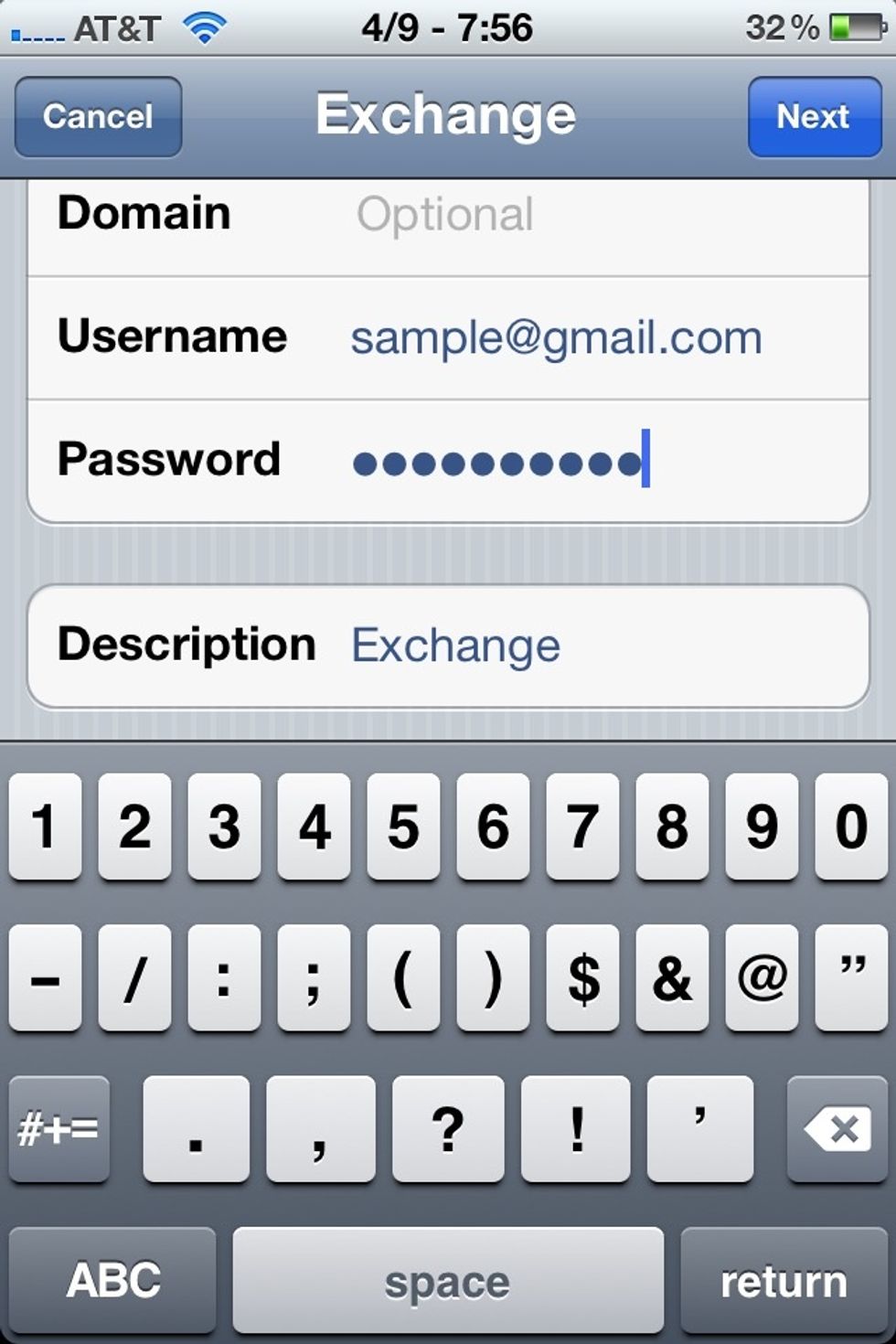 Enter your password, double-checking your capitalization, punctuation, spelling, and numbers. Leave Description as-is (or call it whatever you want), and tap Next.