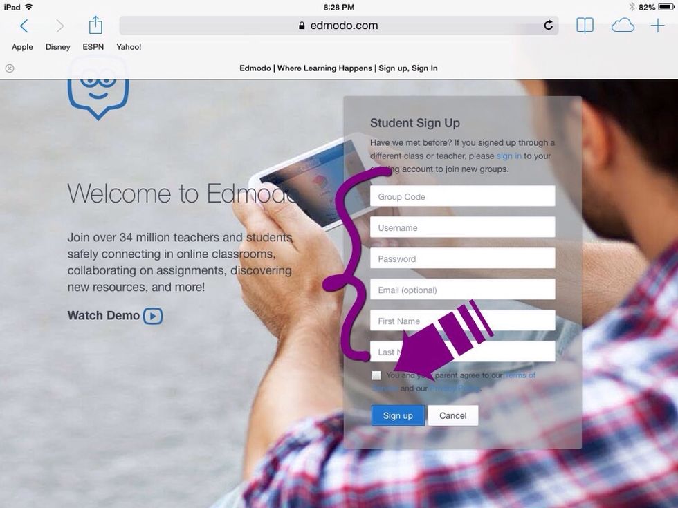Enter your school email address, do not use any other email address. Enter your first and last name. Check the box 'you and your parents agree to our terms of service', click the return/enter key.