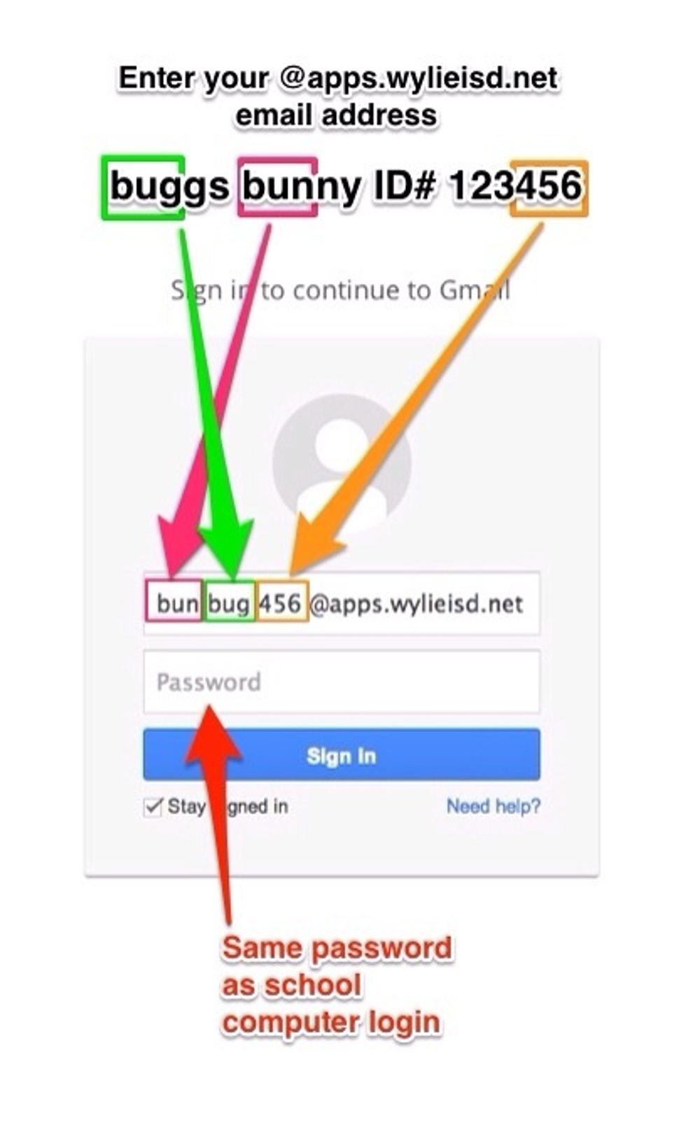 Enter your school provided @apps.wylieisd.net account, following the example as shown above. (May need to click the photo and zoom to see full example)