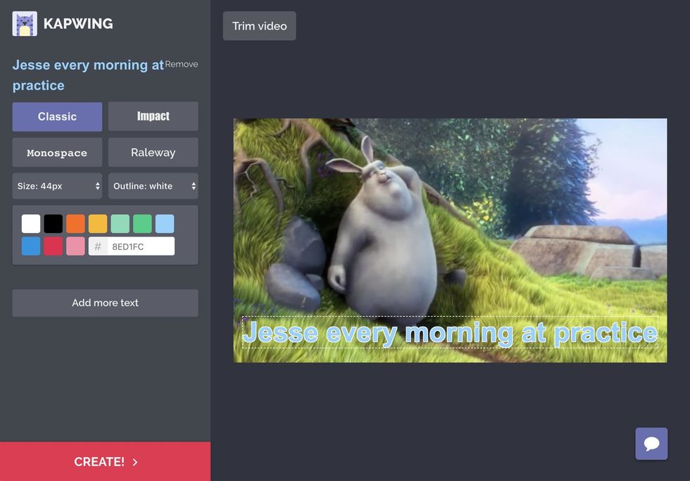 Enter your text and drag and drop it into the right position. You can choose the color, size, font, and outline color of the text. Once your text looks right, click "Create"