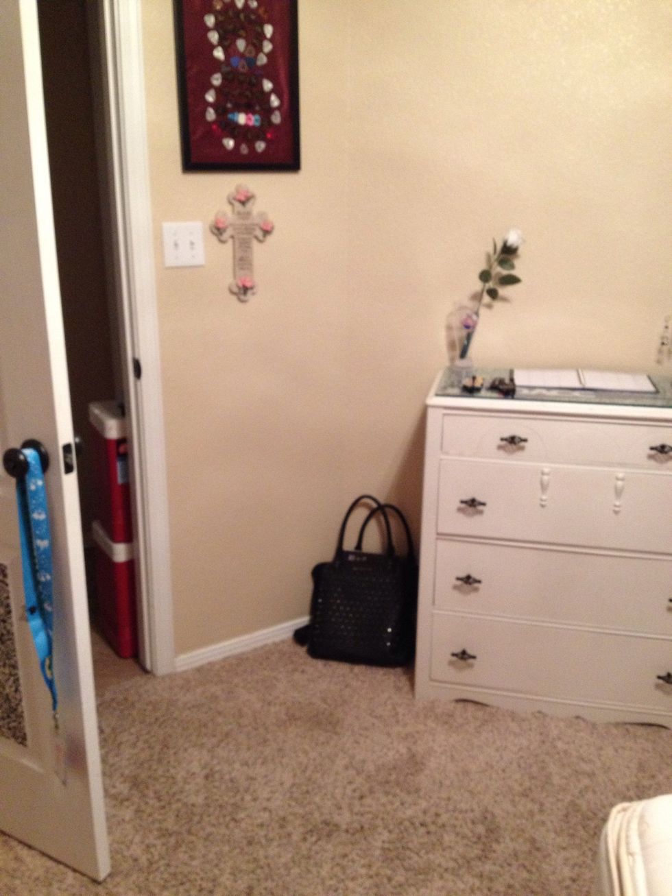 Entry of room is clear. Only backpack is on the floor. Dresser is clean on top with everything put away. Glass dusted then cleaned with windex.