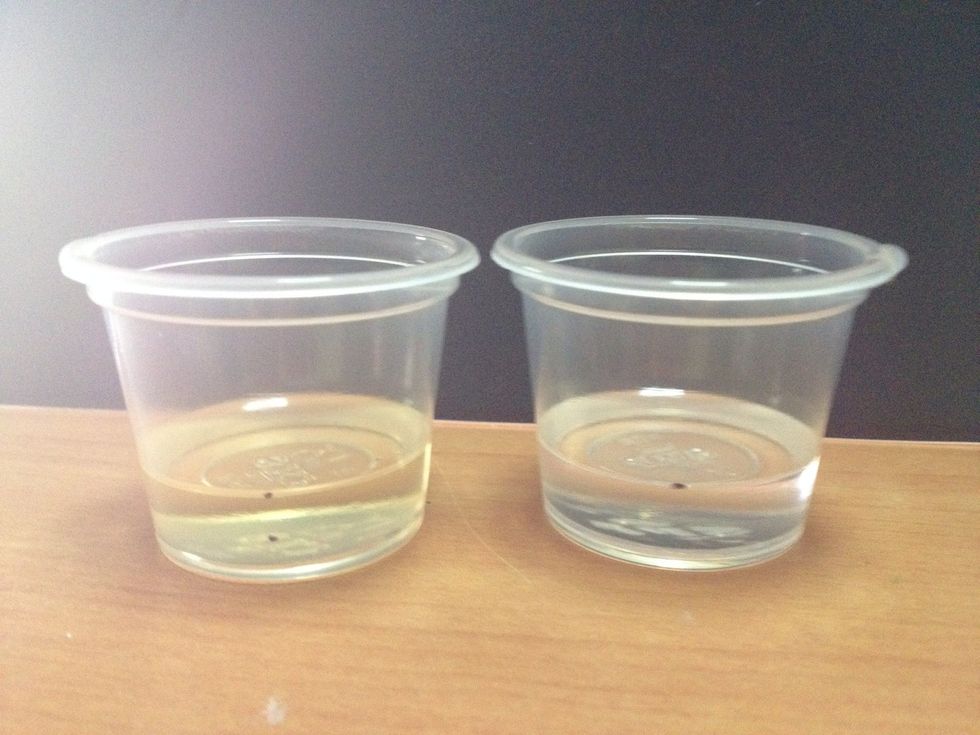 Equal volumes of resin and hardener. Pour the 2 together and using a stirrer stick, mix uniformly for 2mins straight than transfer into a new container and mix for another 1min.