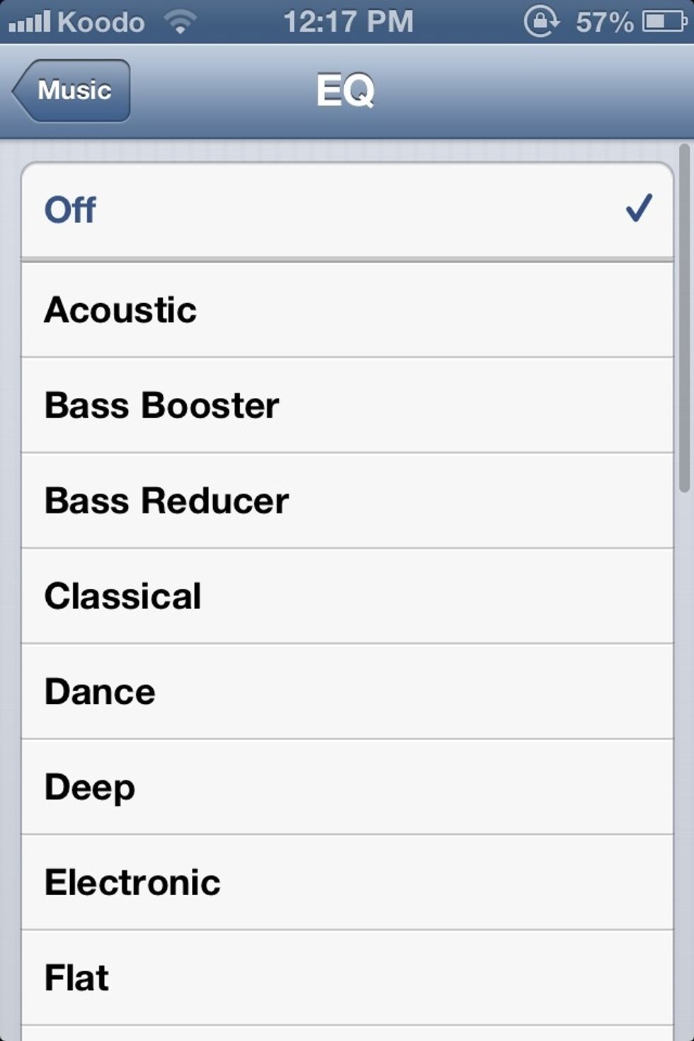 Equalizer automatically adjusts your music's bass, treble, etc. This uses a lot of battery! To turn off: Settings > Music > EQ > Off. I have mine turned off, and I don't even notice the difference! :)