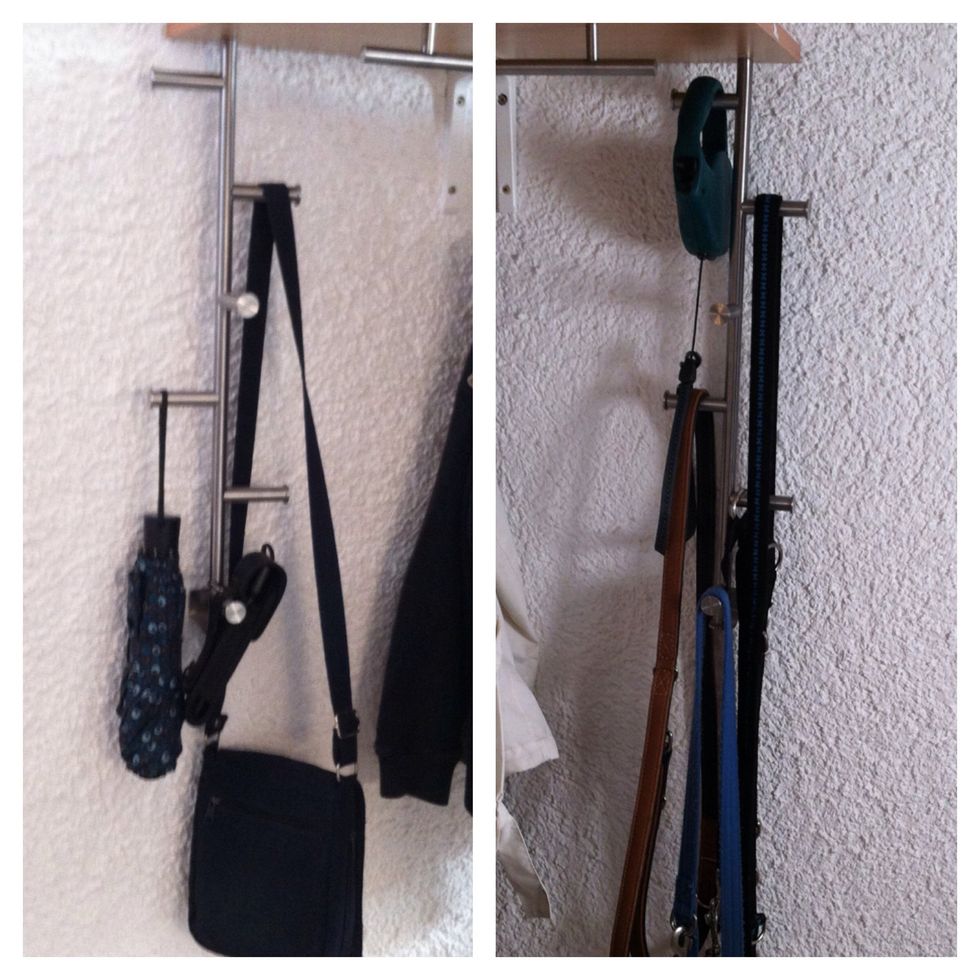 Especially the towel hangers are something you usually don't get on a coat hanger. They are great for hanging all sorts of stuff e.g a handbag, an umbrella, a torch & dogleashes.