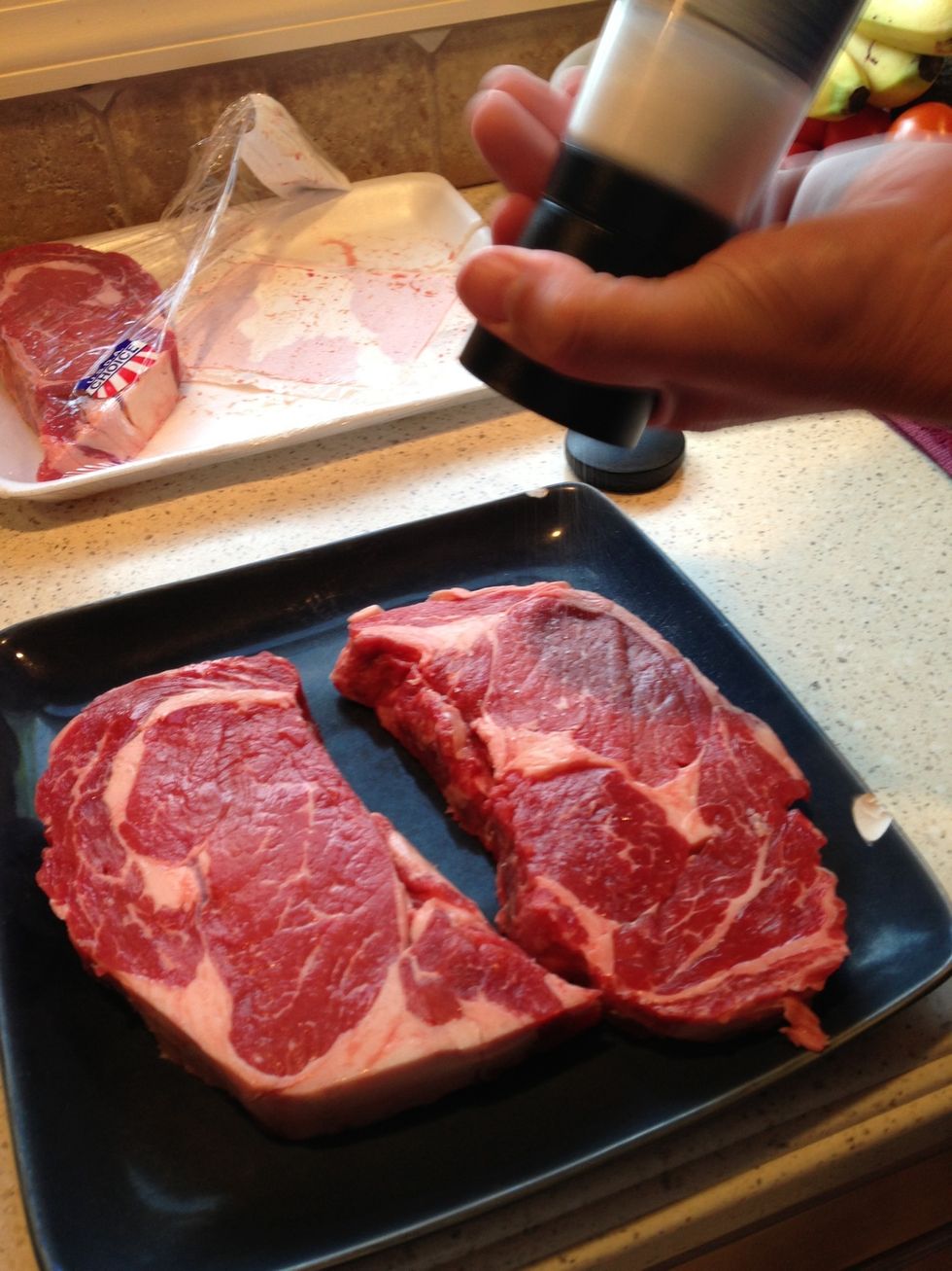 Evenly and liberally coat the steaks in the salt - front and back