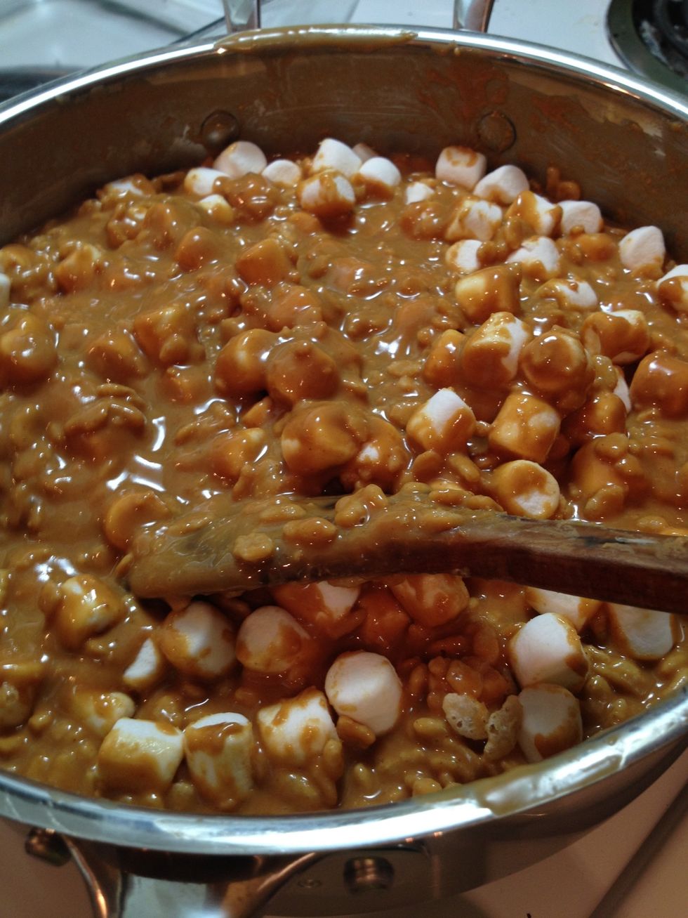 Evenly mix the marshmallows in and make sure they are coated well.