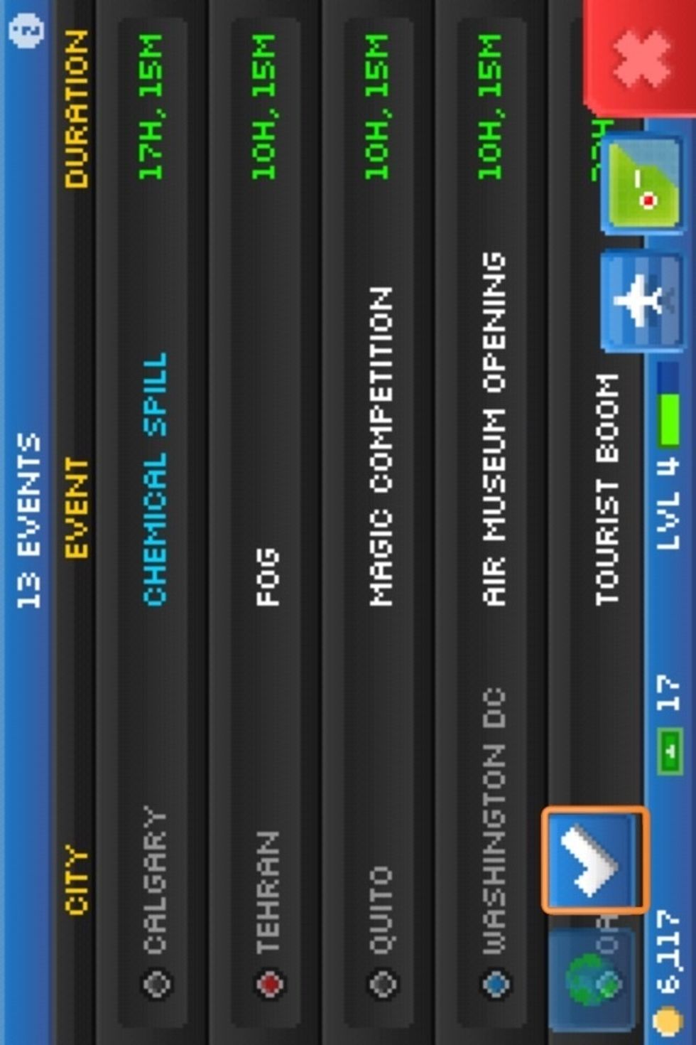 Events show you what is going on in the Pocket Planes world, from tropical storms in Miami to oil spills in Calgary. The checkmate takes you to events you've completed.